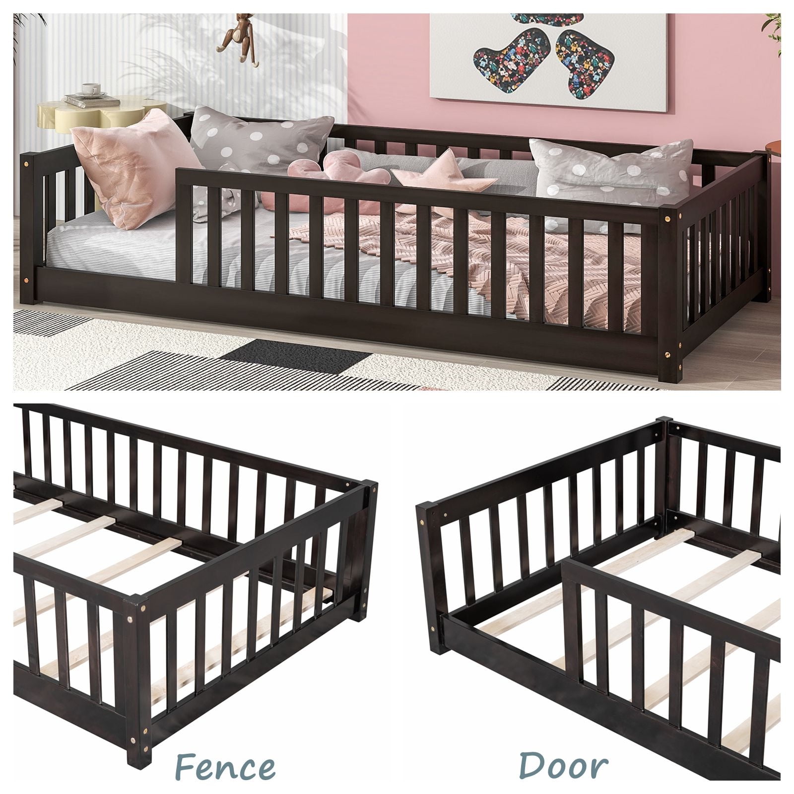 Twin Floor Bed with Fence for Kids, Solid Pine Wood Montessori Bed Frame with Guardrails and Slats System, Playhouse Design Platform Bed for Children Bedroom, Without Door, Espresso