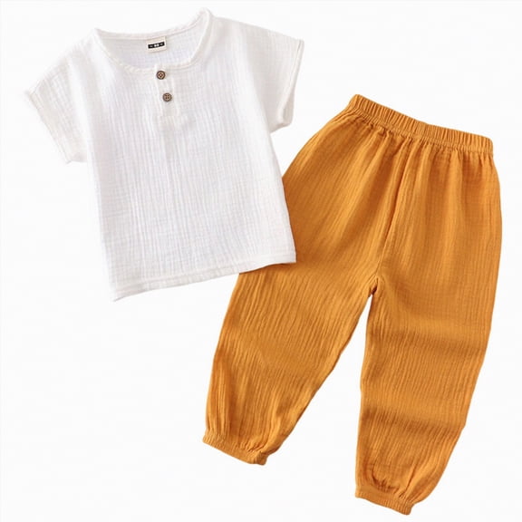UngA Toddler Baby Boy 2 Piece Spring Outfit Cotton Linen Casual Henley T-Shirt Pants Set Kids Summer Short Sleeve Tops Plain Clothes (Yellow,4-5 Years)