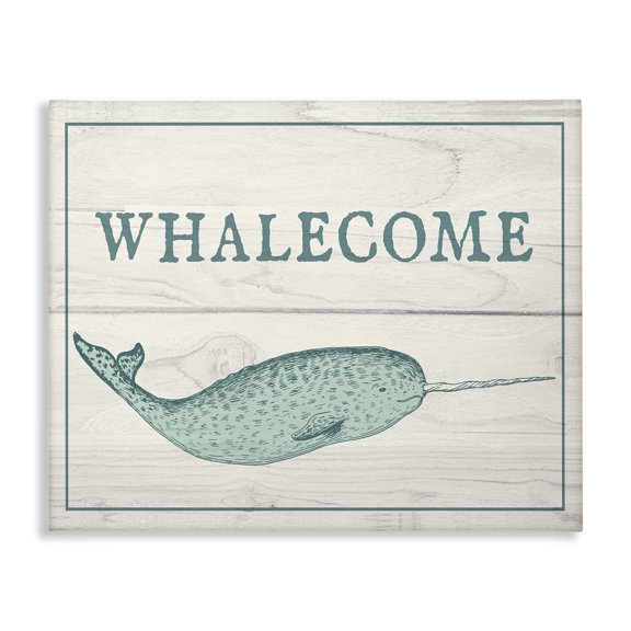 Stupell Industries Coastal Blue and White Whalecome Welcome Narwhal Planks Canvas Art, 20 x 16, by Lil' Rue
