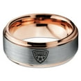 thumbnail image 2 of Tungsten Futbol Soccer Player Crest Logo Band Ring 8mm Men Women Comfort Fit 18k Rose Gold Step Bevel Edge Brushed Polished, 2 of 4