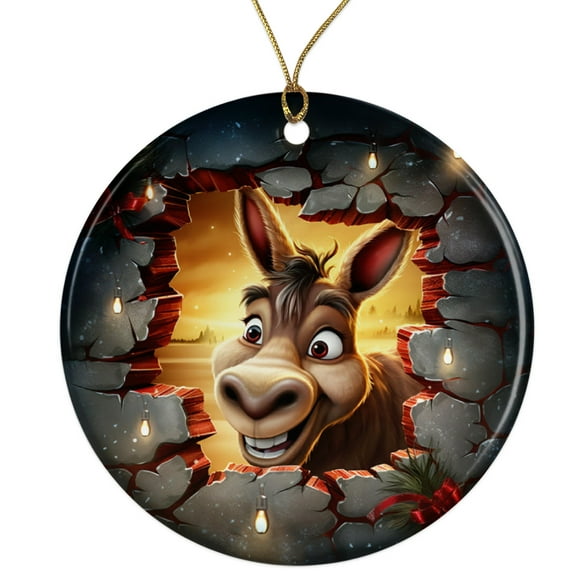 Funny Donkey Ceramic Ornament - Breakthrough 3D Effect Burst Illusion Kids Ornament - 3 Inch Christmas Tree Round Ornament - Xmas Holiday Decor - String Included - ORNW0092