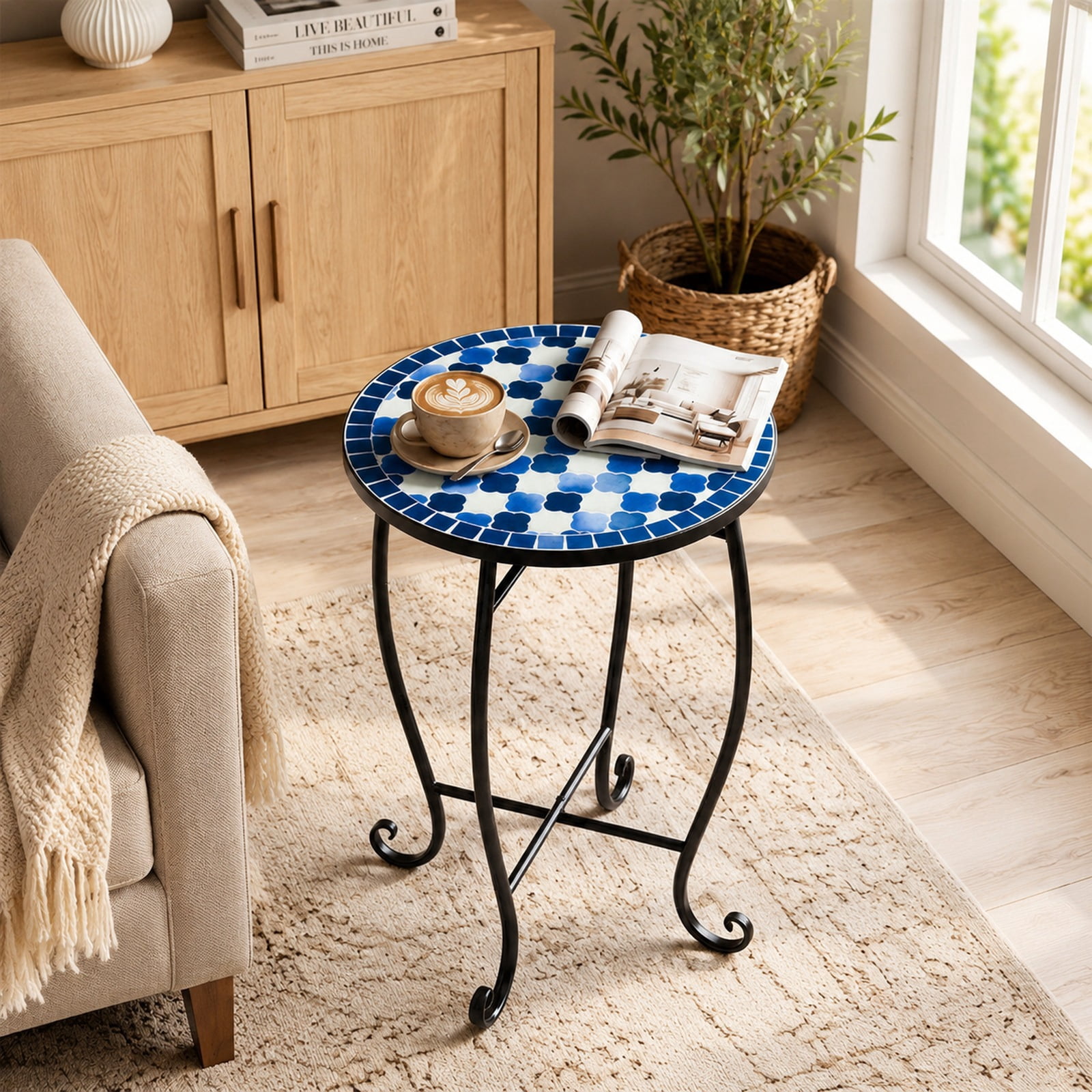Biotree 14 Inch Metal Mosaic Accent Table, Outdoor Patio Side Table Plant Stand with Floral Clover Top and X-Frame Base for Backyard Poolside, Blue