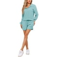 thumbnail image 2 of INSPIRE CHIC Women's Pajamas 2 Piece Lounge Sets Waffle Knit Matching Outfits Long Sleeve Top and Shorts with Pockets 2XL Green, 2 of 5
