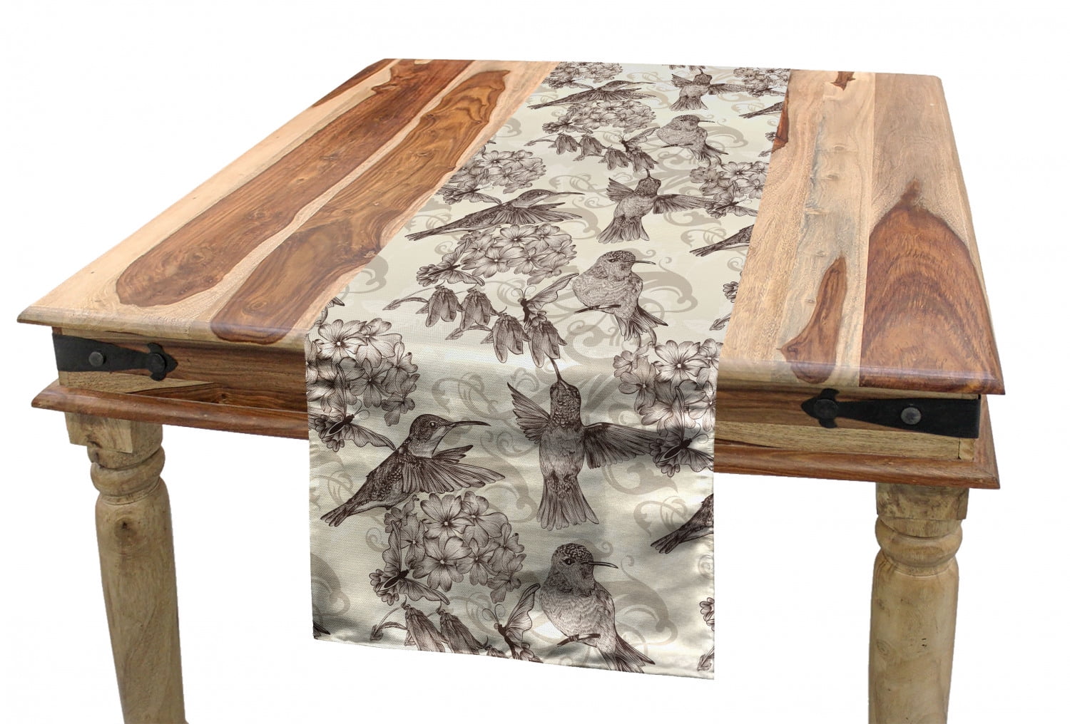 Hummingbirds Table Runner, Birds and Flowers Monochromic Classical