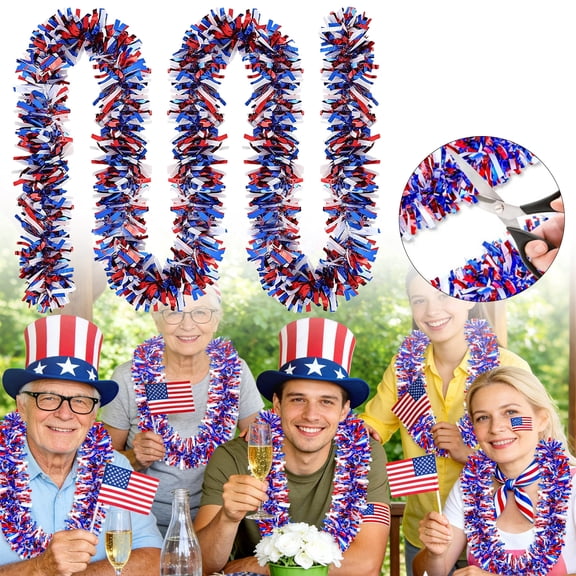 CoreLiving Patriotic Garland 4th of July Decorations Red White and Blue Tinsel Twist for Independence Day Memorial Day Indoor Outdoor Party Home Tree Car Parade 6.56FT