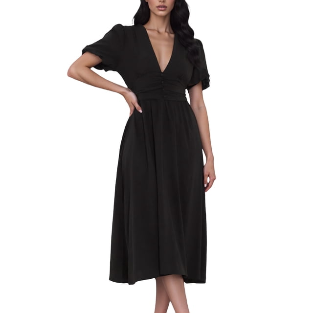 Vestido de mujer INSPIRE CHIC con escote en V, manga corta, cintura elástica, vestido sólido XS negro