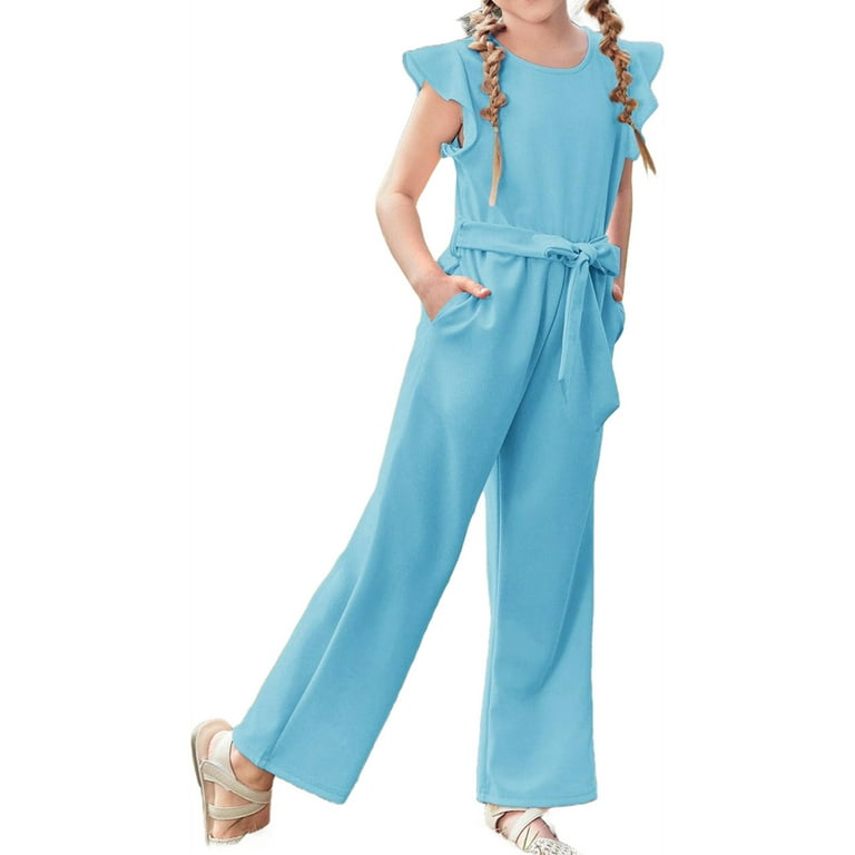 Girls Cap Sleeve Solid Color Jumpsuit Summer Children Kids Wide Girls Cap Sleeve Solid Color Jumpsuit Summer Children Kids Wide