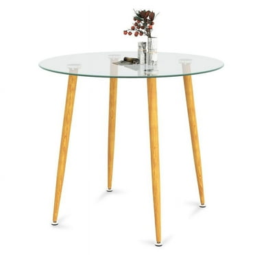 GVN Round Glass Dining Table Leisure Coffee Table with Metal Legs-Natural, Counter Height Table, Kitchen Bar Height Table and Chairs for Dining Room, Small Space