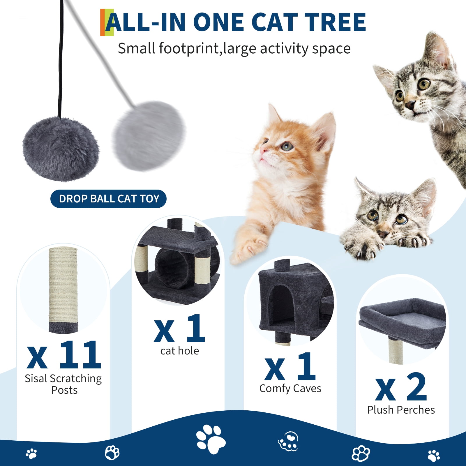 QinaQin 74 Inch Cat Tree for Large Cats, Multi Level Tower with Sisal Posts, Condo, Toys and Spacious Top Perch