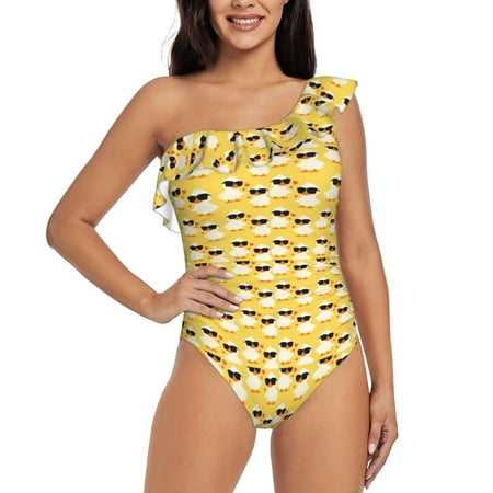 Qokaie Cute Duck With Black Glasses Print Women s One Piece Swimsuits Tummy Control Bathing Suits Asymmetric One Shoulder Swimwear-XX-Large