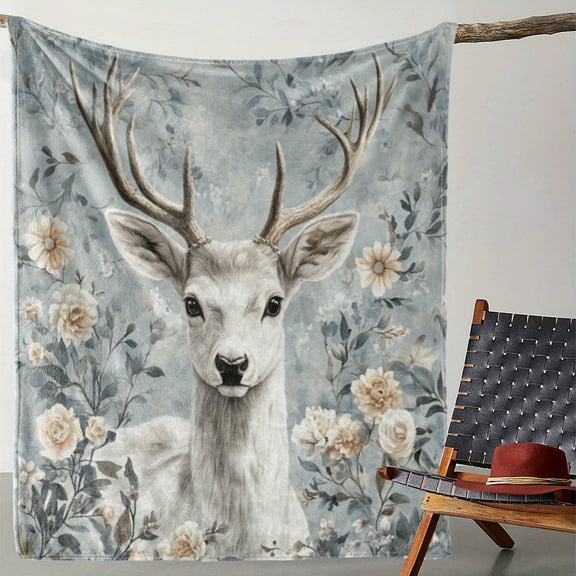 1pc, Rustic Floral Deer Print Throw Blanket, Soft Warm Cozy Flannel, Versatile for Sofa Bed Car Office, All-Season Gift Blanket, Mixed Colors, Knitted Polyester, Digital Print, 250-300g Fabric Weight