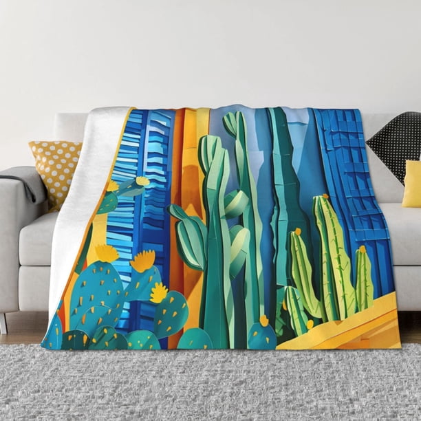 Balery Bright Paper Cactus Scene Manta de Franela con Dibujo, Lujo Ultra Suave y Cálido, Antipelusa y Resistente a las Arrugas para Cama, Sofá, Camping -60"x50"
