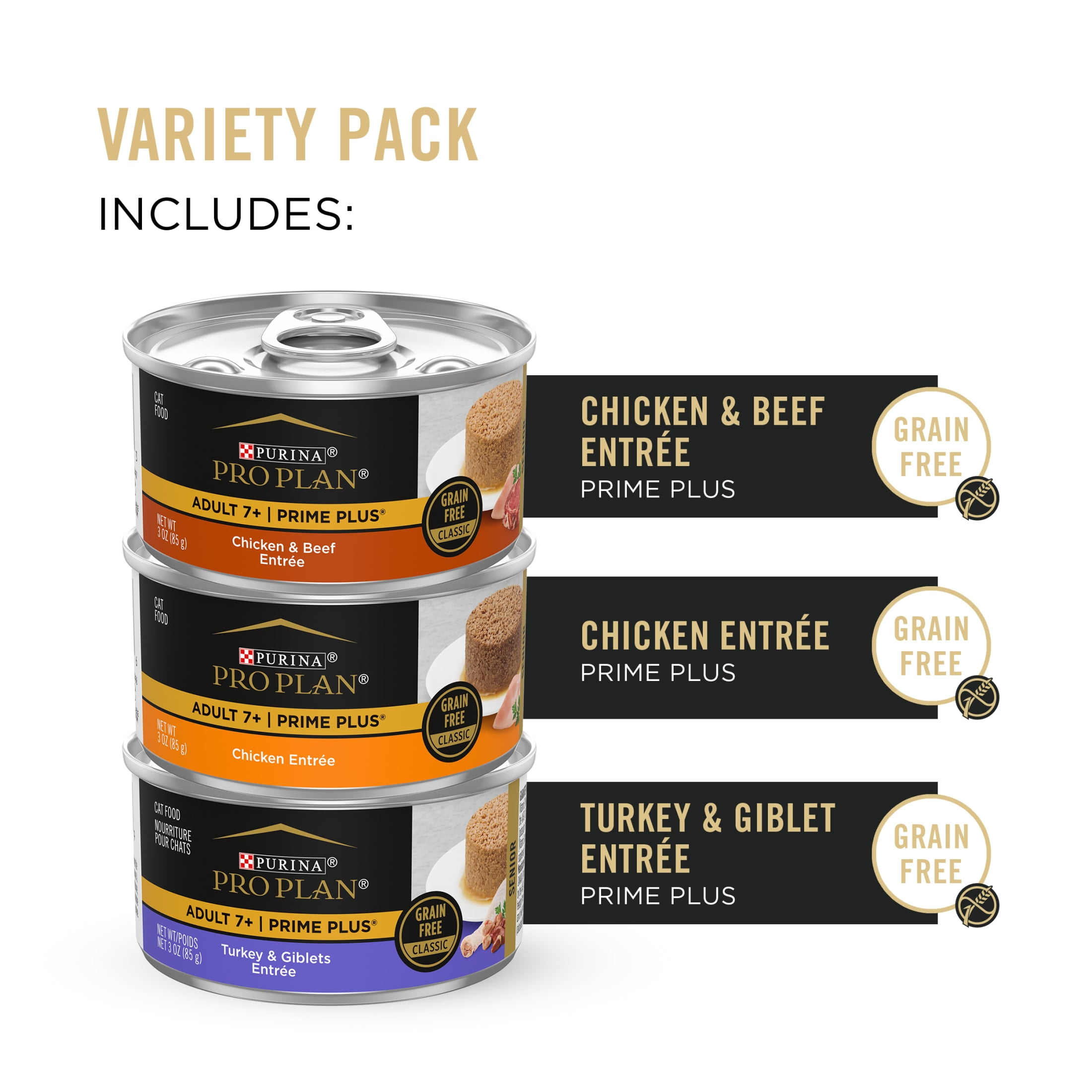 Purina Pro Plan, Grain-Free Poultry & Beef Variety Pack, Senior Wet Cat Food Pate, 12 Pack, 3 oz Cans