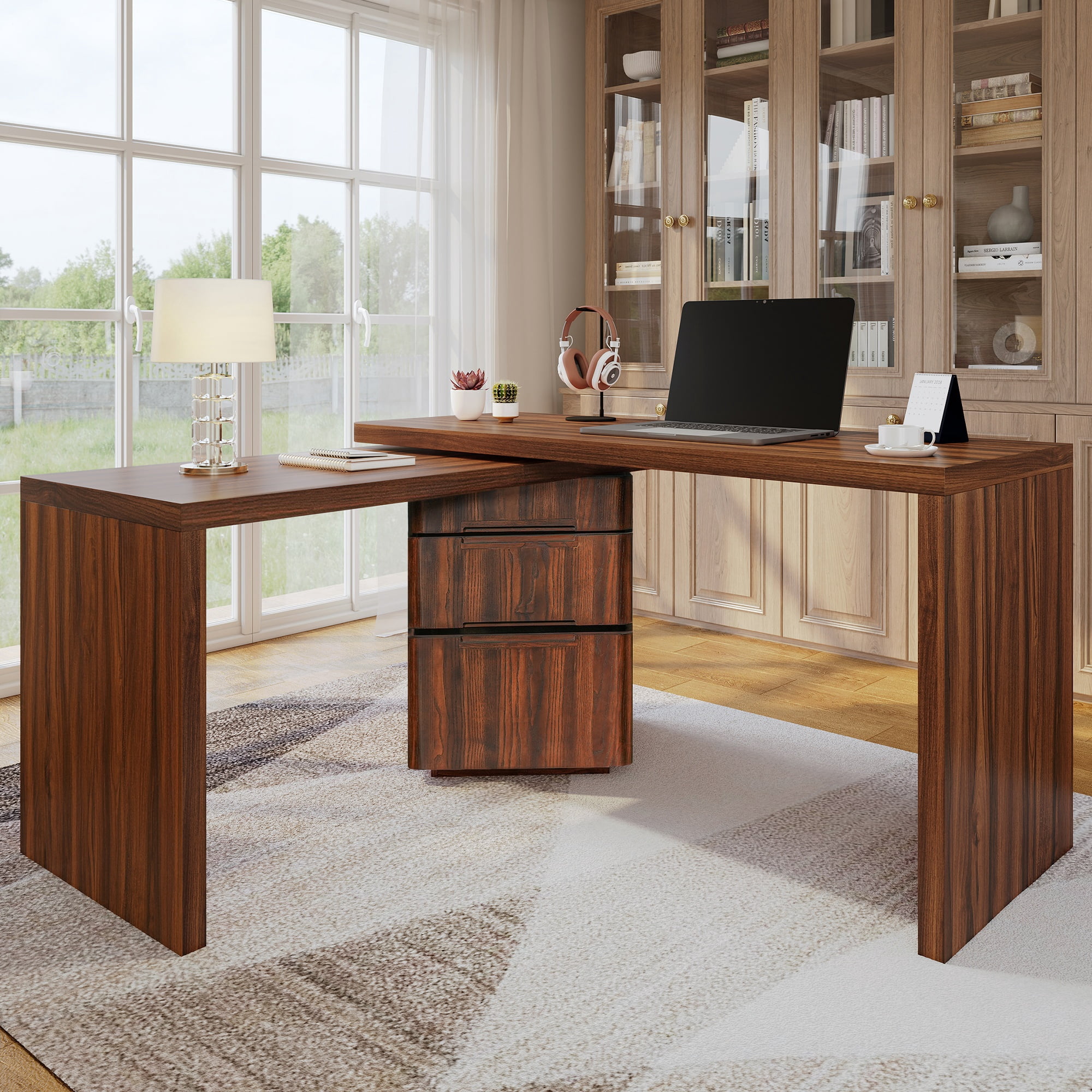 90" L Shaped Desk with 3 Drawers, 360° Rotating Corner Desk, Modern Executive Office Desk in Walnut, for Home Office Living Room Study Workstation