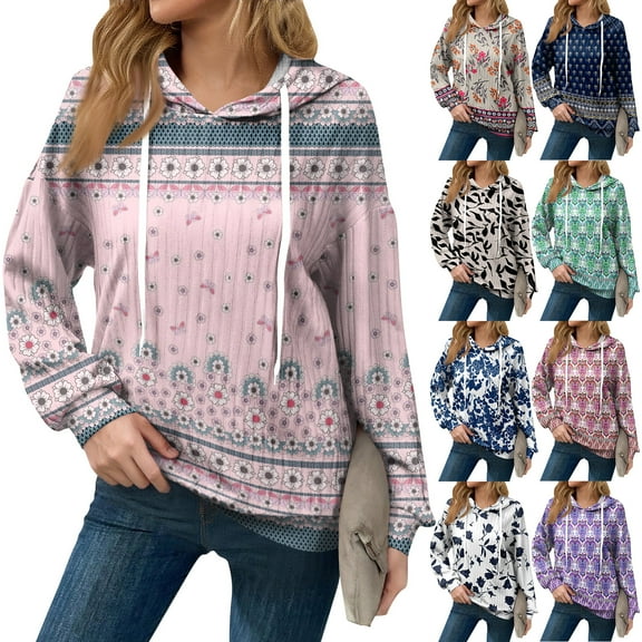 Hoodies For Women Oversized Winter Cute Sweatshirts Pullover Trendy Fall Clothes, Retro Print Lightweight Design without Pockets for Fall Winter Fashion and Comfort,Blue,L