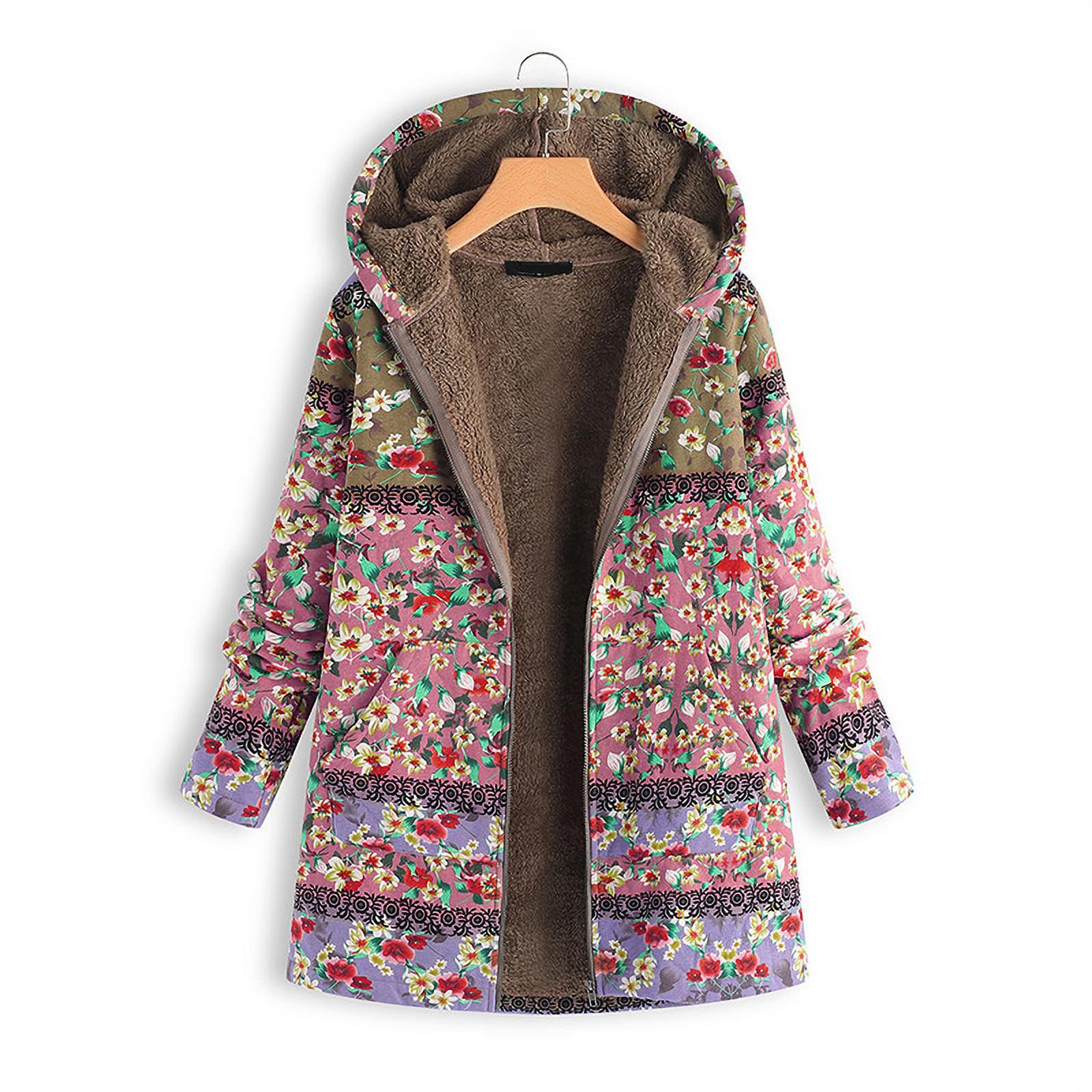 Women Winter Coat Floral Printed Hooded with Pockets Warm Fleece Button Coat Long Sleeve Jacket - image 1 of 8