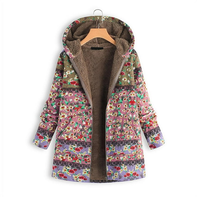 Women Winter Coat Floral Printed Hooded with Pockets Warm Fleece Button Coat Long Sleeve Jacket