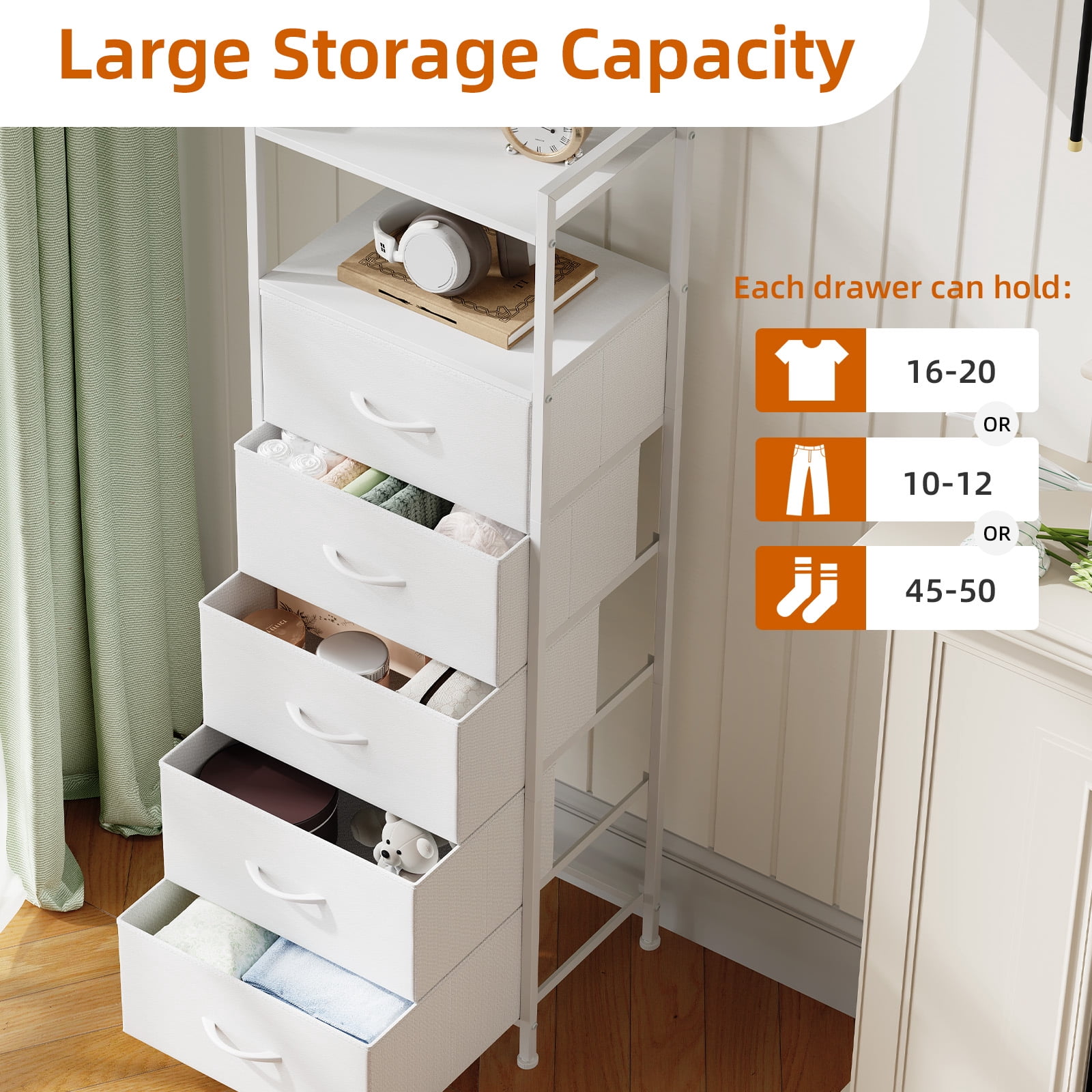 Eunos White Tall Nightstand, 5 Vertical Fabric Drawer Dresser for Bedroom, Living Room, Hallway