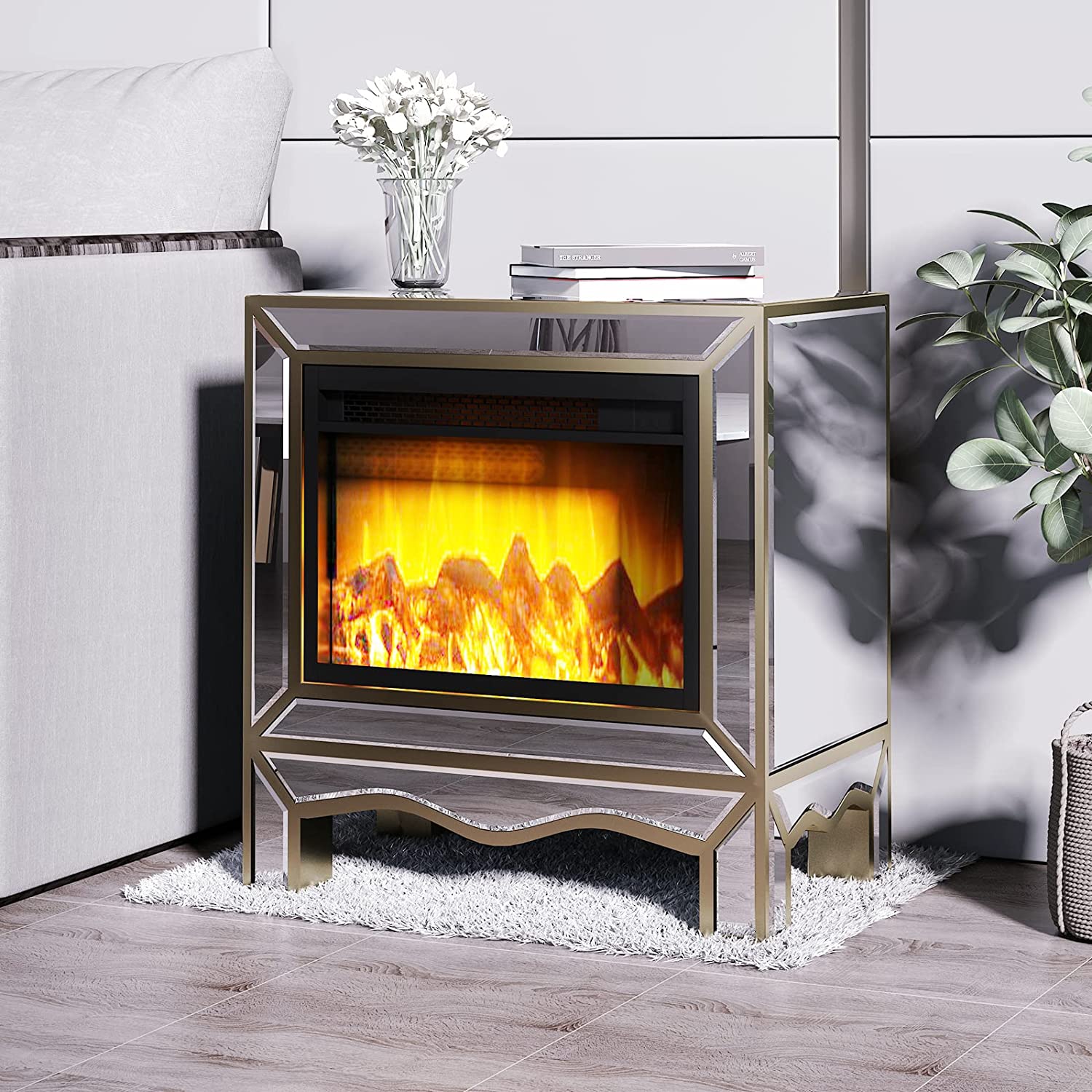 Mjkone Mirrored Fireplace, LED Flame Fire Place with Automatic Timer Function, Temperatura