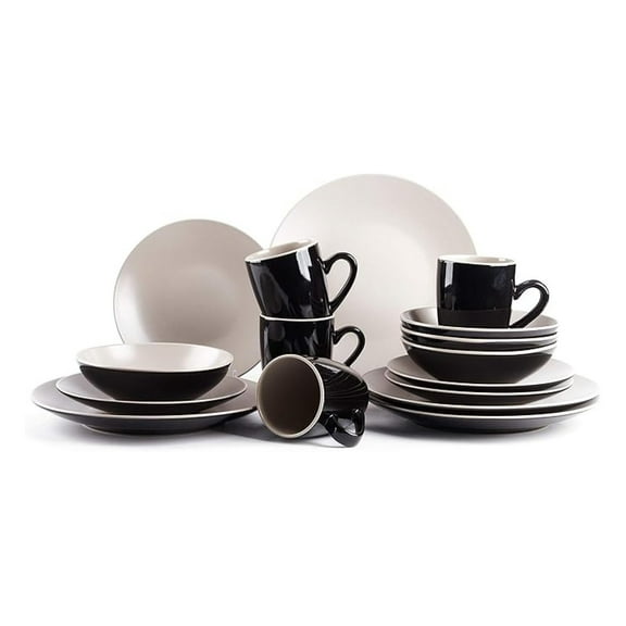Stoneware Dinnerware Set, 16pc Two-Tone Black & Beige - Coupe Shape, Dishwasher & Microwave Safe - Service for 4