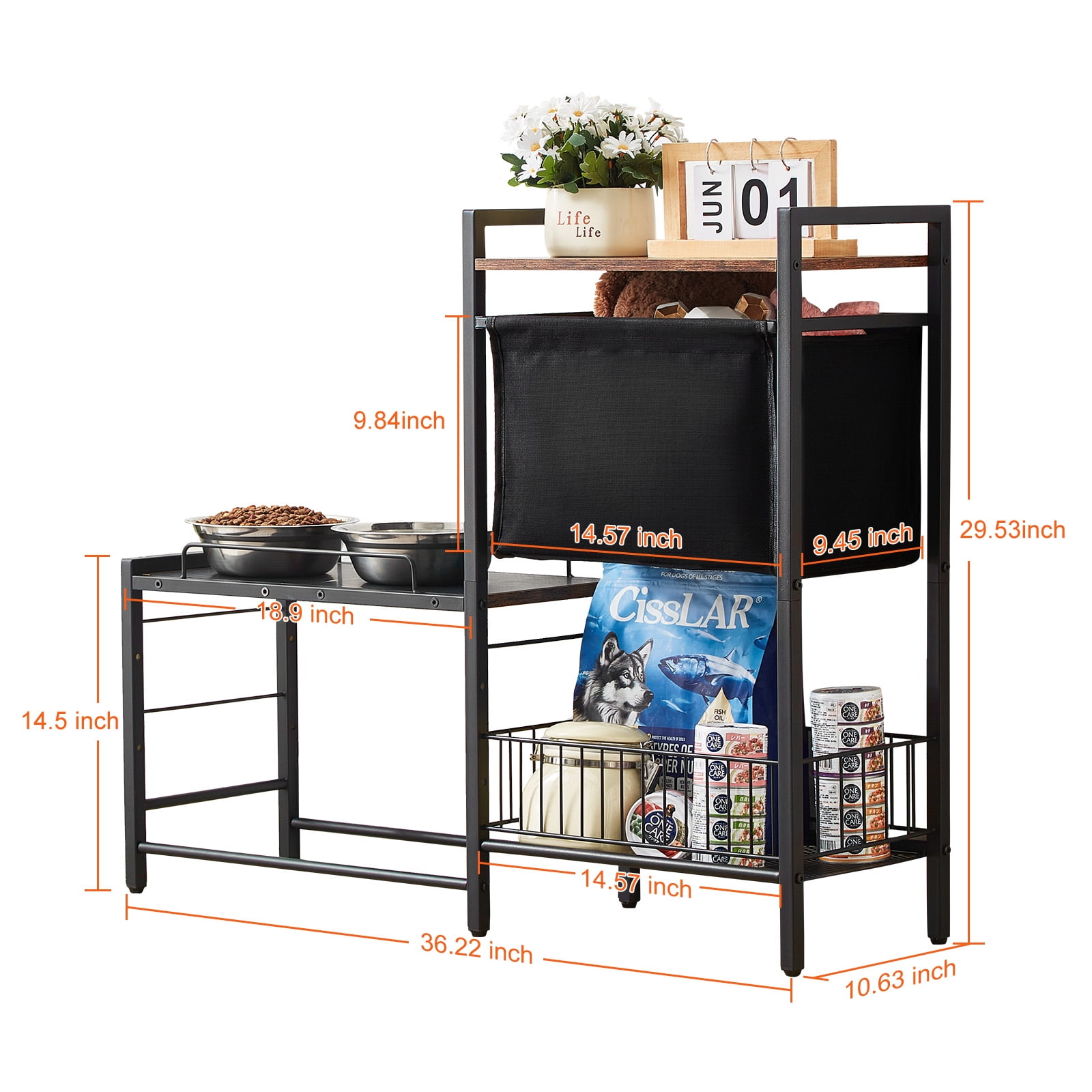 KFFKFF Canine Dining Area with Integrated Storage, Adjustable Height Dog Dishes, Pet Feeding Platform with Organizational Shelves, Convenient Storage for Pet Toys, Suitable for Dogs of All Sizes