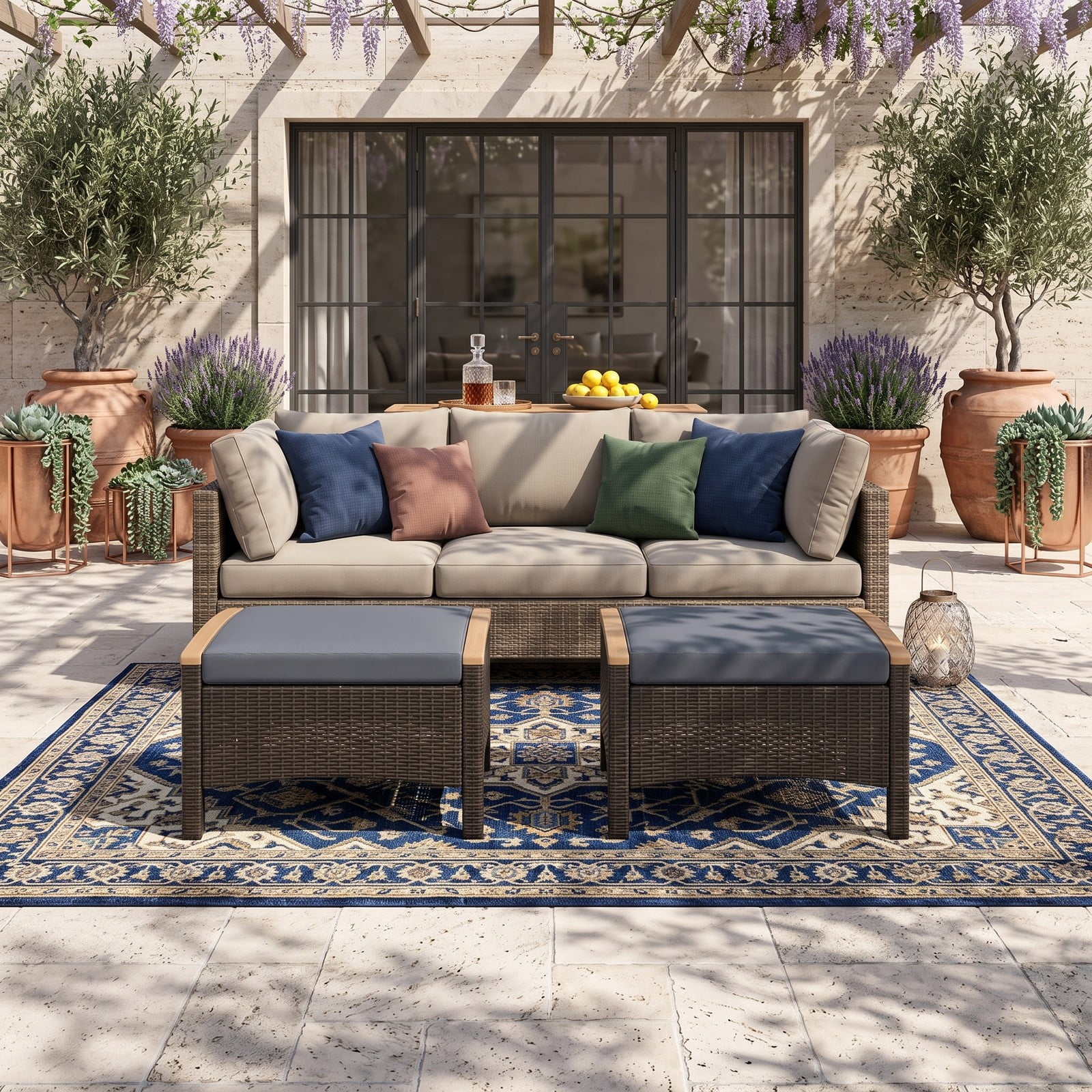 Furnibear Set of 2 Fade-Resistant PE Wicker Patio Ottomans with Cushions and Wood Handles for Outdoor Foot Rest and Extra Seating, Gray