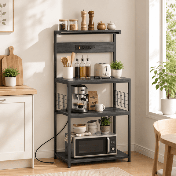 23.6'' Small Bakers Rack with Power Outlet for Kitchen Storage | Microwave Stand with Adjustable Shelf for Coffee Bar Station, Small Apartment, Counter Space Saving