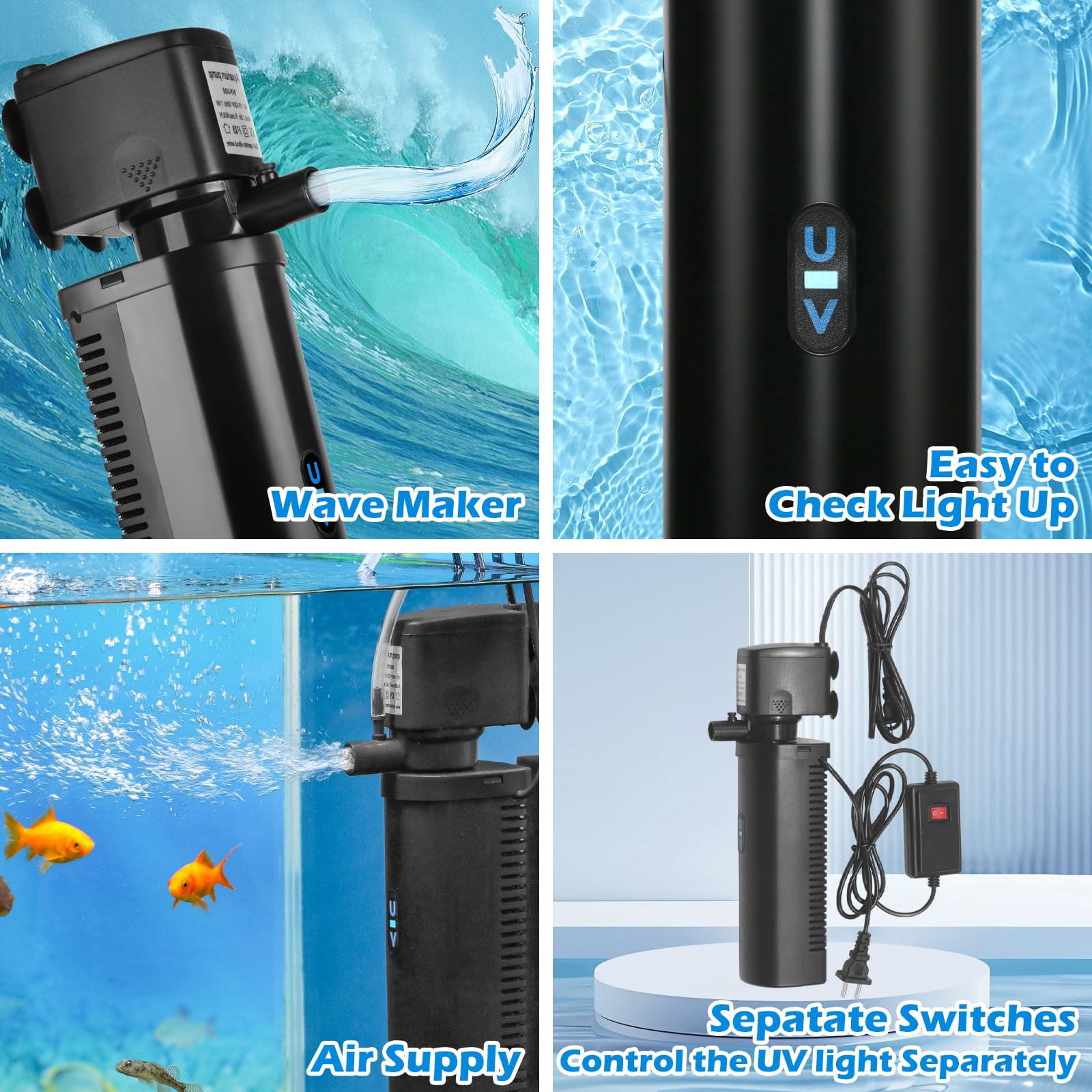 200GPH Aquarium U-V Filter for 20-75 Gallon,  Aquarium Filters with 5W U/V Light Green Clean Machine, Internal Filter Powerful Pump Filter for Fish Tank Saltwater Freshwater Crystal Clear
