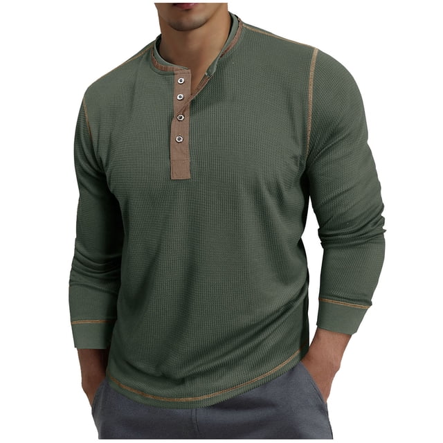 Long Sleeve Round Collar Waffle Knit Base Shirt for Men, Breathable Polyester Casual Top, Solid Color, Lightweight Spring Layering Shirt