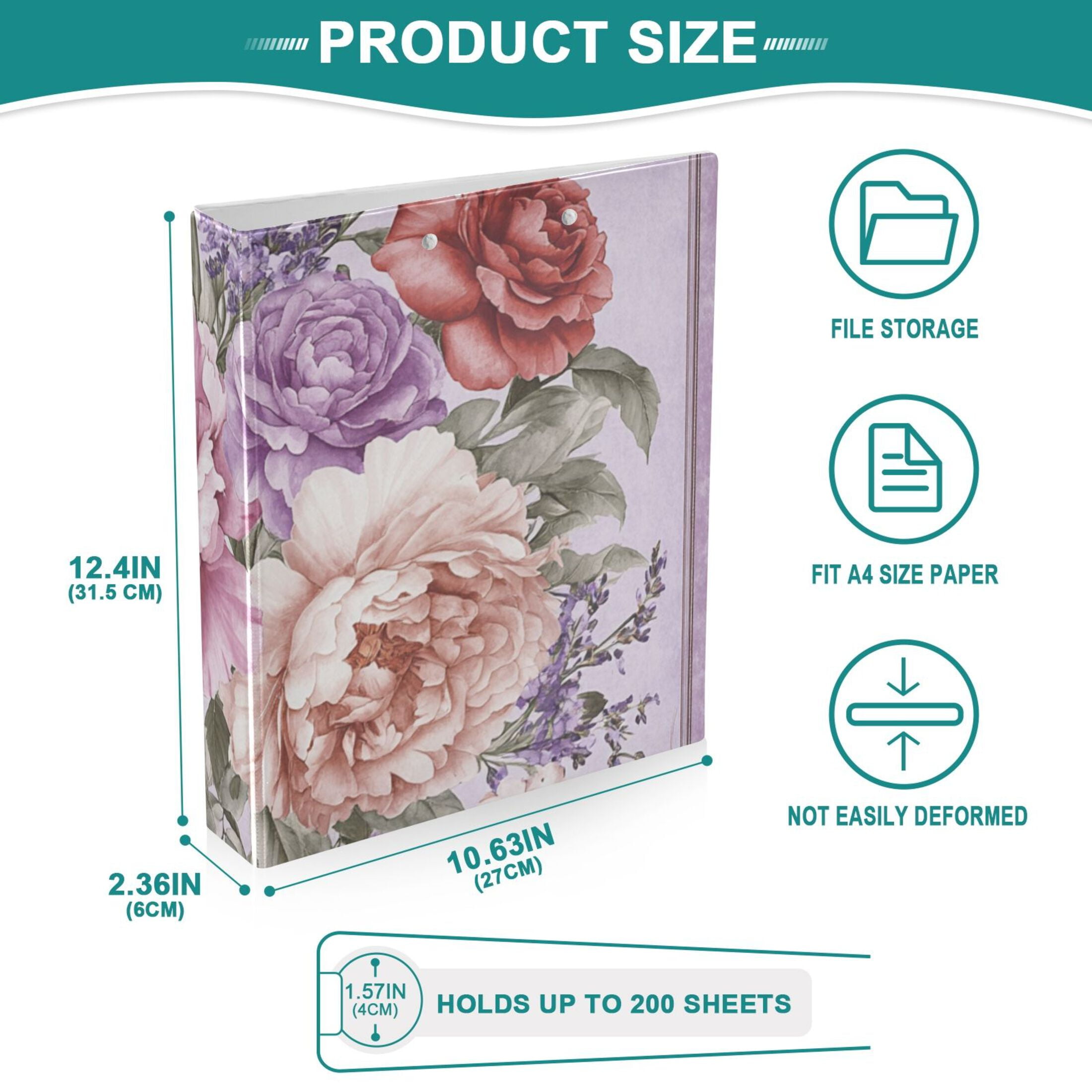 Peonies Roses Lavender Flowers 3 Ring Binders 1.5 inch Hardcover File Folders with Interior Pockets A4 Size Organizer for School Office Hospital Set of 2