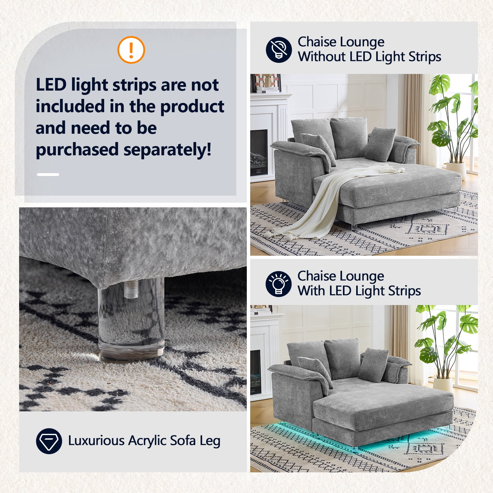 Ktaxon Jacquard Plush Fabric Chaise Lounge, Sofa Bed with Acrylic Legs, Floating Sleeper with Pillow Armrest, 2-Person Seating for Living Room & Game Room Blue-Gray