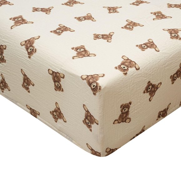 Sábana para cuna Ali+Oli con estampado de ositos de peluche, muselina y algodón, color crema