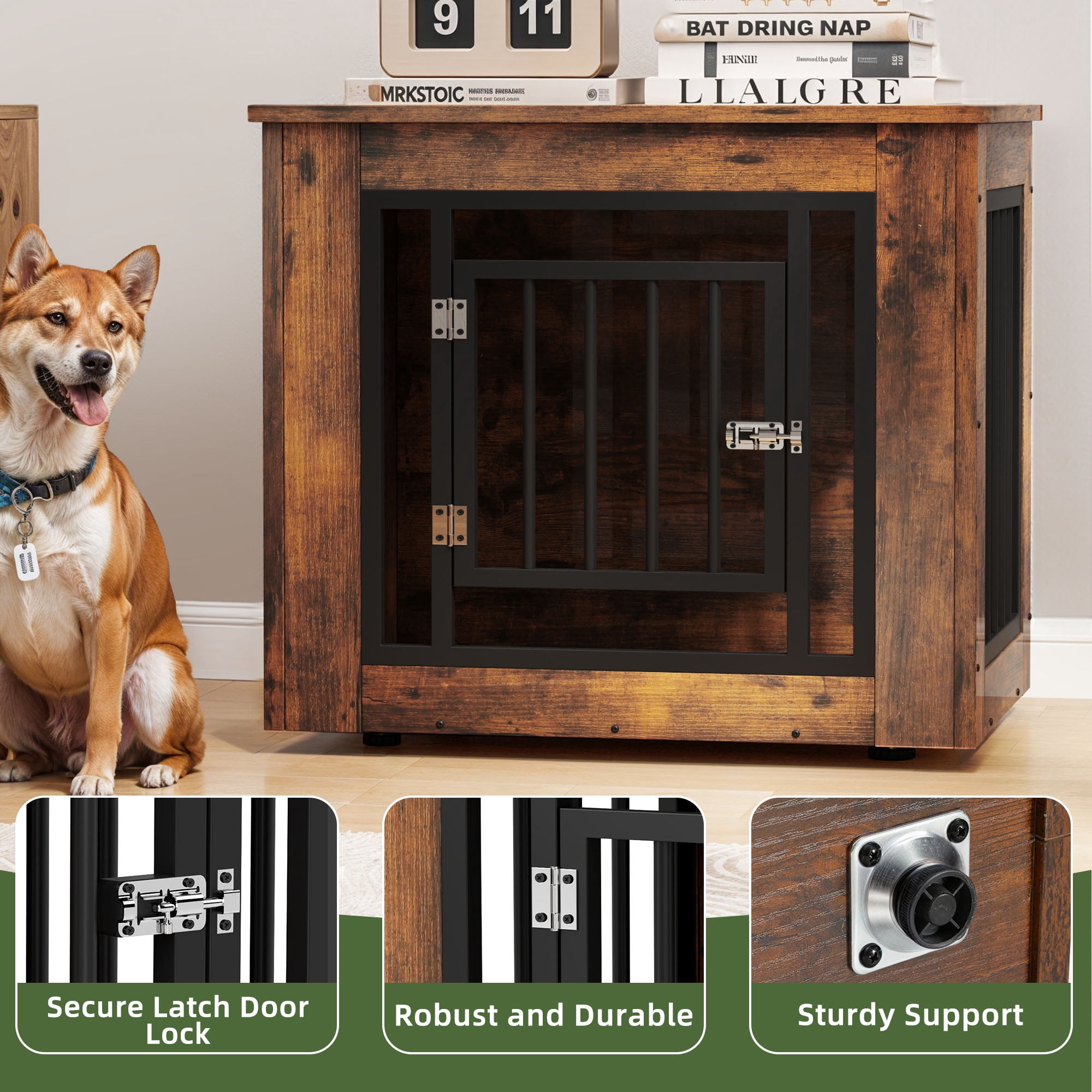 Uforic 27"L Wooden Dog Crate Furniture with Steel Lock,for Small Dogs up to 30 Lb, 27.1"L x 20.1"W x 24"H