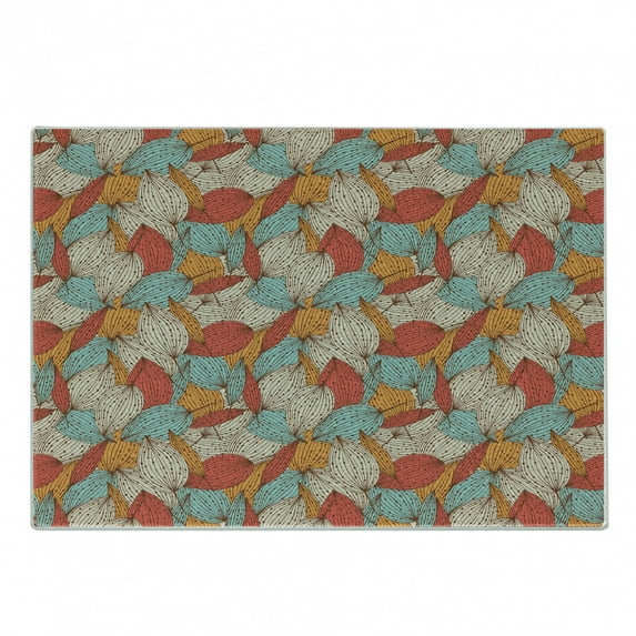 Autumn Cutting Board, Doodle Art Style Mix of Leaf Motifs in Retro Colors Romantic Autumn Season Theme, Decorative Tempered Glass Cutting and Serving Board, Small Size, Multicolor, by Ambesonne