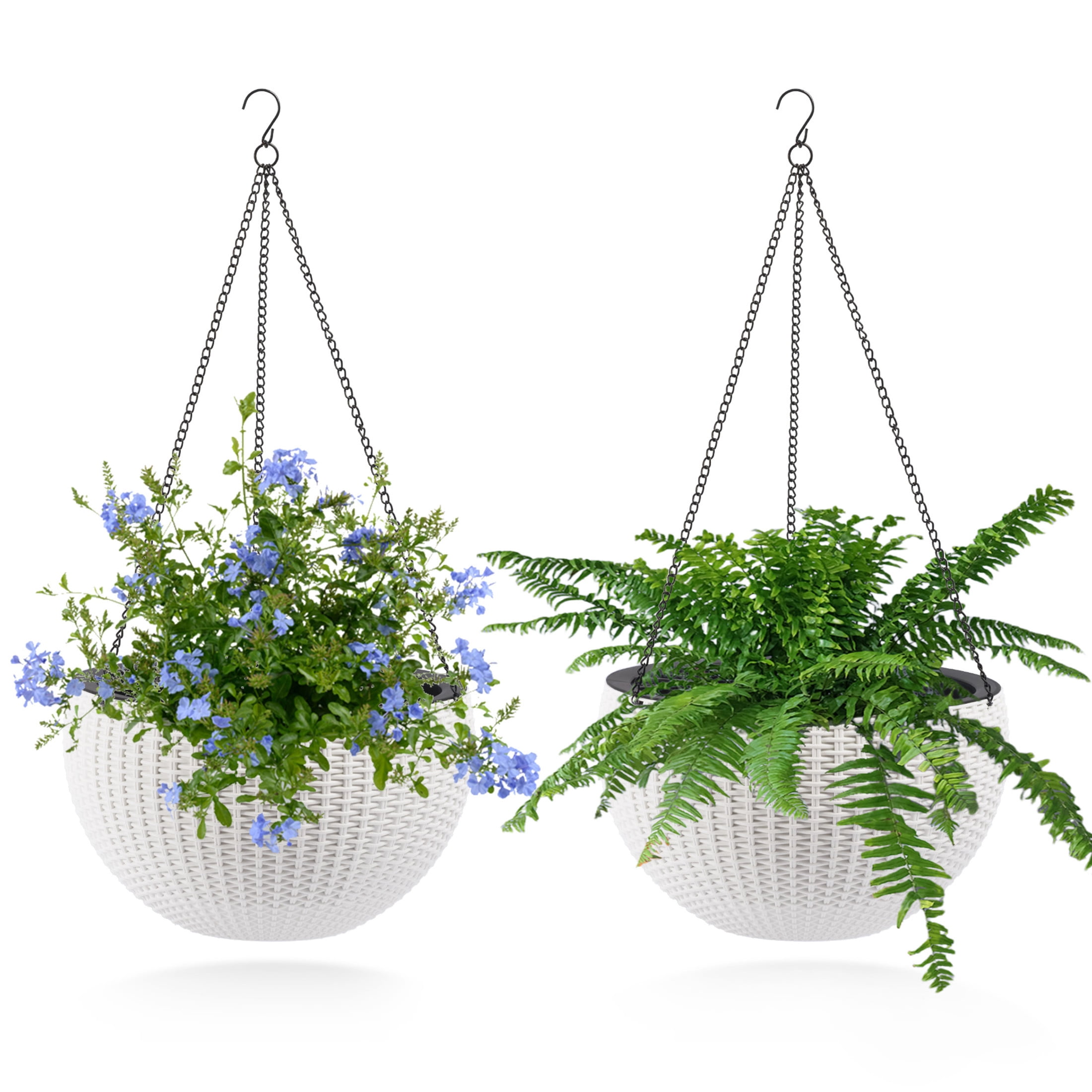 Noble House 2 Pack 13.4" Self-Watering Hanging Planters, Rattan-Style Flower Pots, White