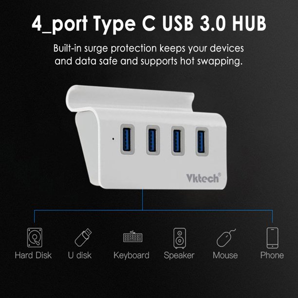Kuymtek Hub portátil Vktech tipo C de 4 puertos con cable USB 3.0 de 2 pies (blanco brillante)