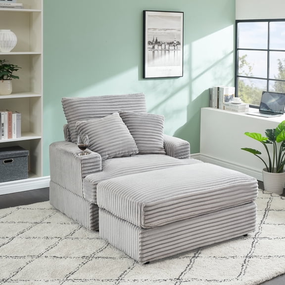 Corduroy Accent Chair with Ottoman Set, 39" Single Sofa with Cup Holder, Comfy Armchair & Footrest for Living Room Bedroom Office, Gray