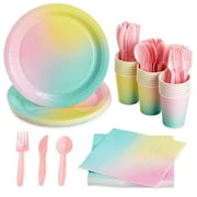 144 Piece Pastel Rainbow Birthday Party Supplies, Dinnerware with Paper Plates, Napkins, Cups, and Pink Cutlery (Serves 24)