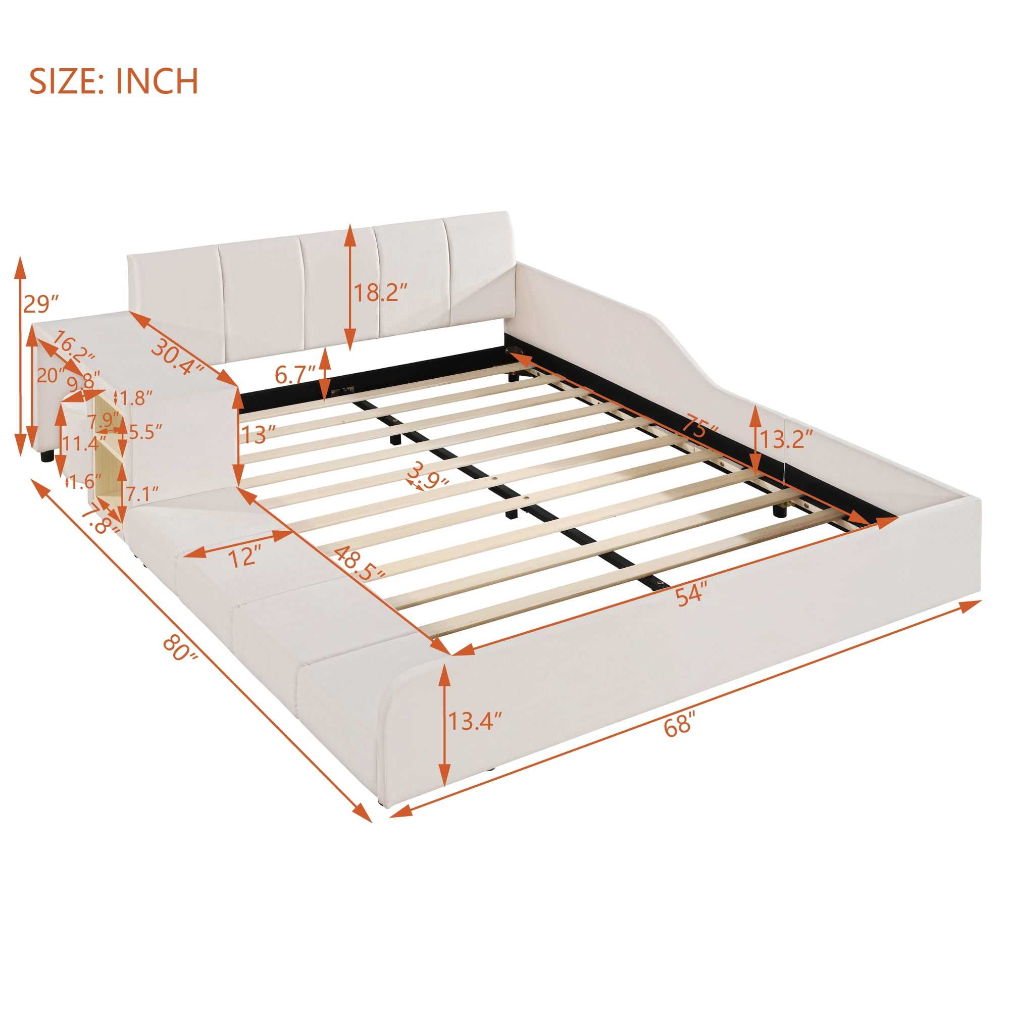 Aukfa Full Size Mother & Child Bed Frame, Velvet Upholstered Platform Bed with Bedside Desk & Stool, Grounded Design, Beige