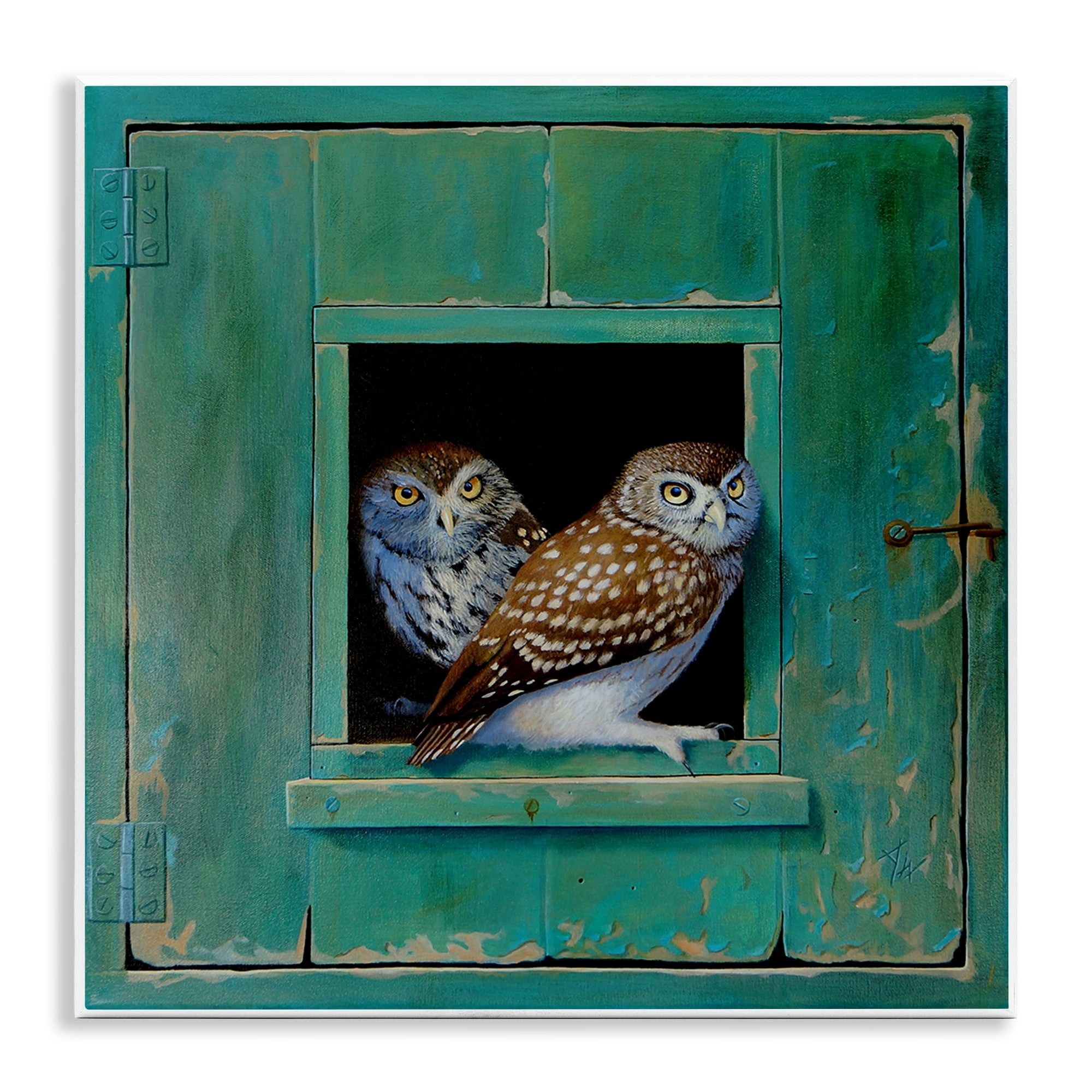 Stupell Industries Spotted Owls Perched Rustic Green Door Ledge Painting Unframed Art Print Wall Art, Design by Alan Weston