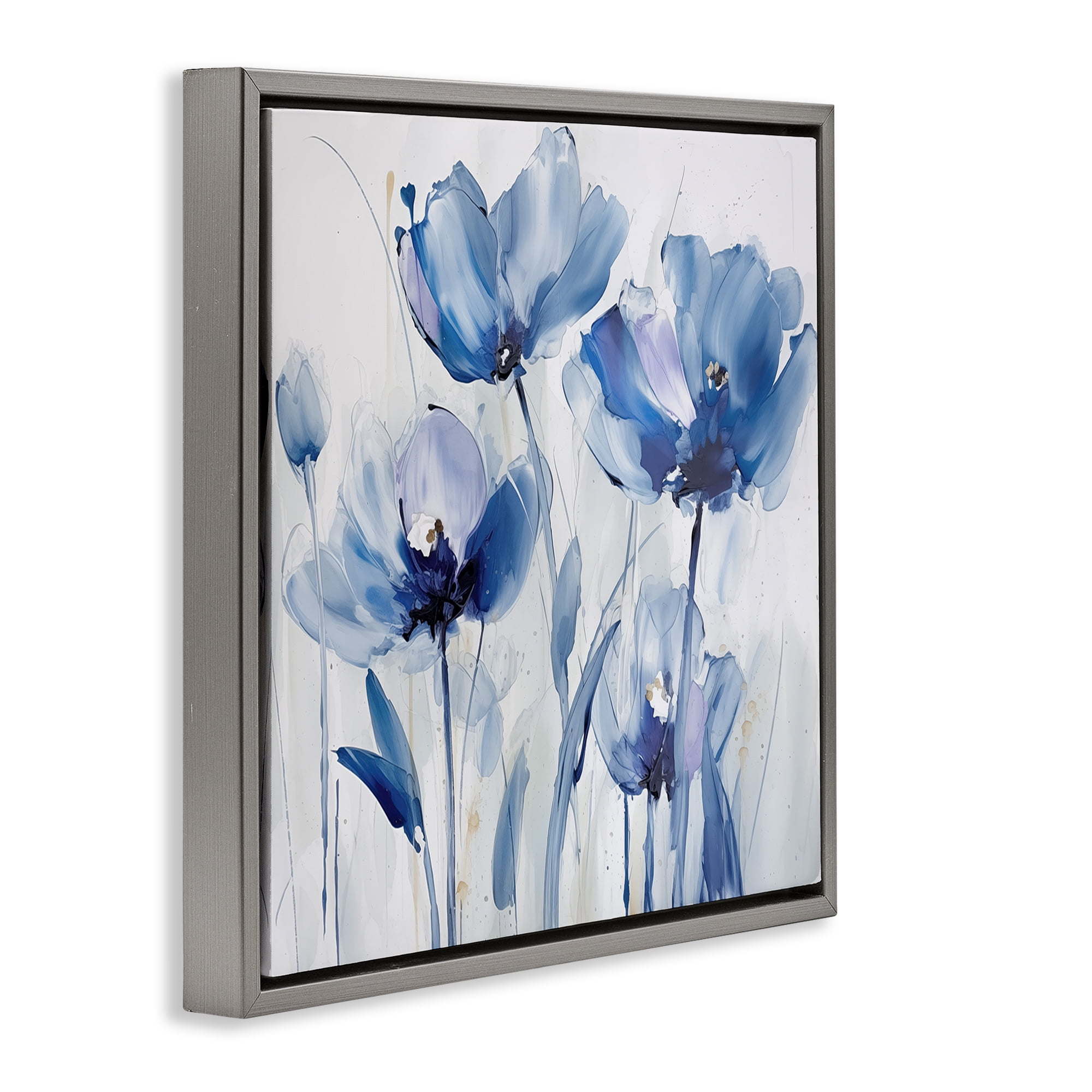 Stupell Industries Blue Abstract Blooms Botanical & Floral Painting Gray Floater Framed Art Print Wall Art, 18 x 18