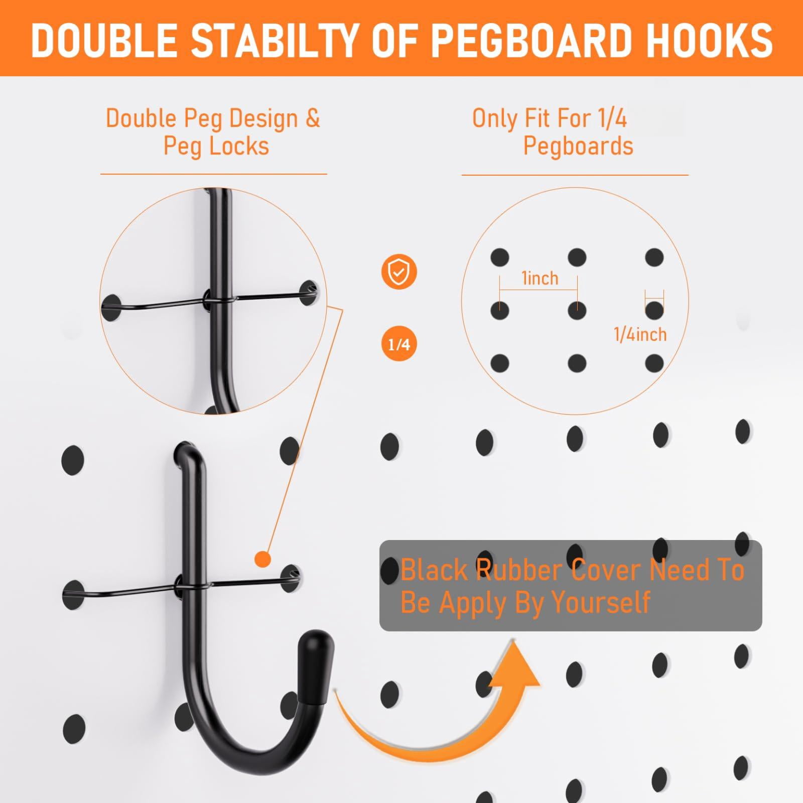 176pcs Extra Thick Pegboard Hooks  1/4" Heavy Duty Black Metal Peg Board Assortment With Locks Accessories Kit For Garage Wall Organizer Hanging Tools