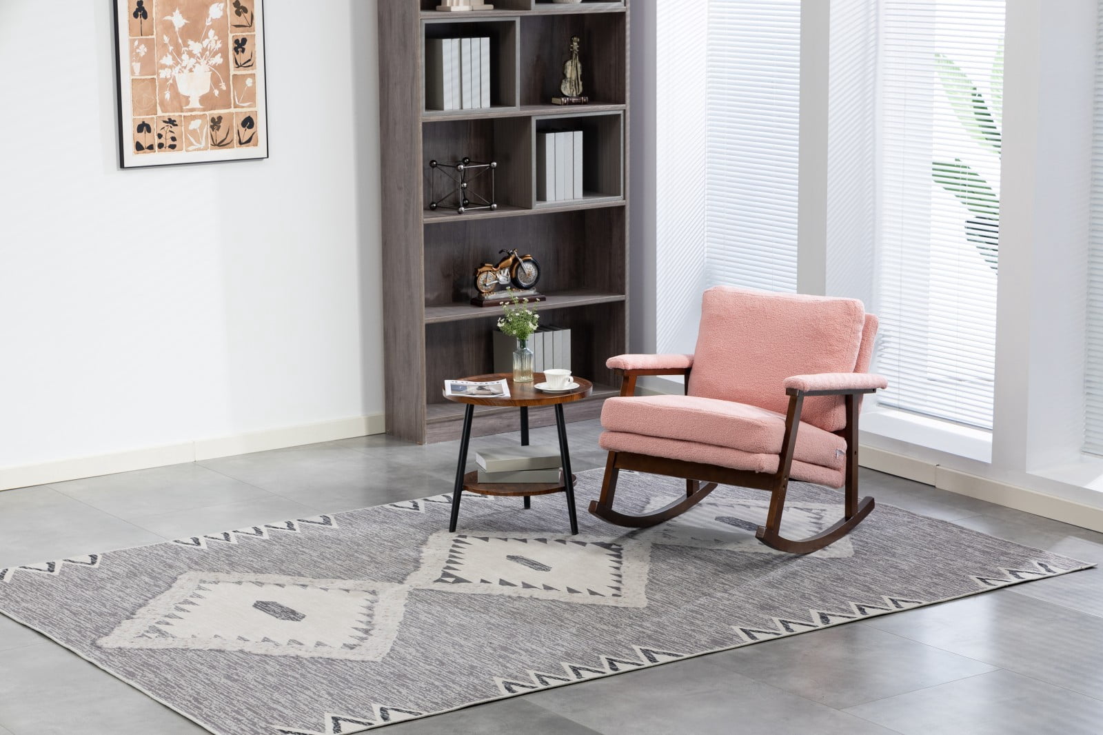 Mid Century Modern Accent Rocking Chair with Wood Frame, Upholstered Reading Armchair for Living Room, Bedroom, Nursery & Sunroom, Light Pink