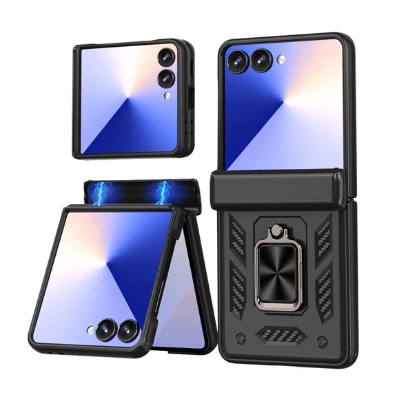 ELEHOLD Case for Samsung Galaxy Z Flip 5, Shockproof Hinge Phone Case with Slide Camera Cover & Kickstand,Black
