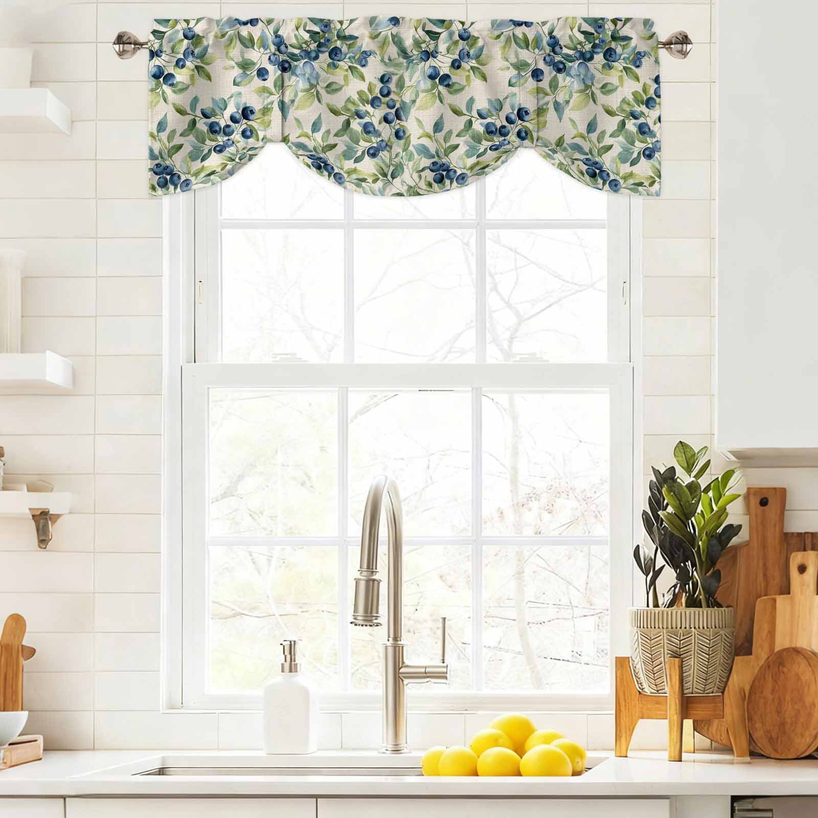 Blue Blueberry Tie Up Valance for Windows, Green Leaf Pastoral Plant Vintage Linen Adjustable Rod Pocket Tie Up Valance Curtains Window Treatment for Kitchen Bathroom Bedroom 60 X 18 Inch