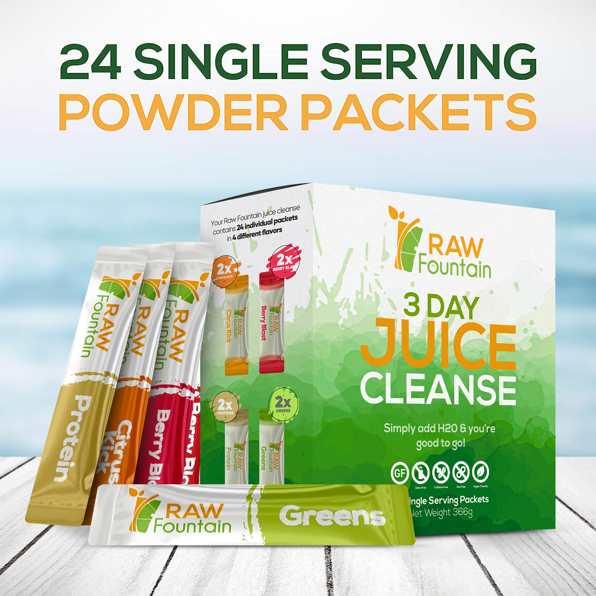 3 Day Juice Cleanse Detox, 24 Powder Packets, Travel & Vegan Friendly, Weight Loss Program, All Natural