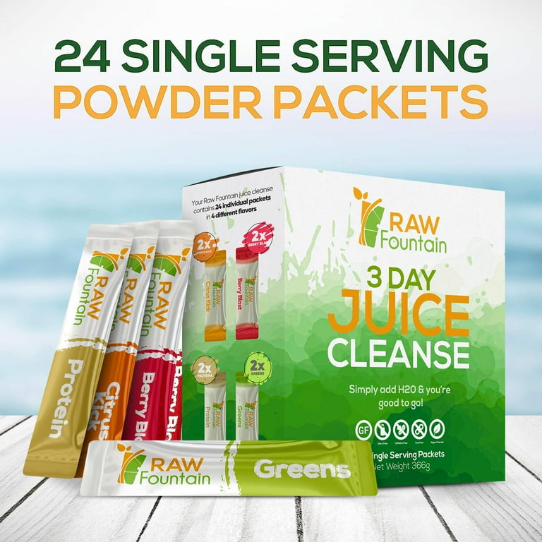 Raw Fountain 3 Day Juice Cleanse Detox, 24 Powder Packets, Vegan