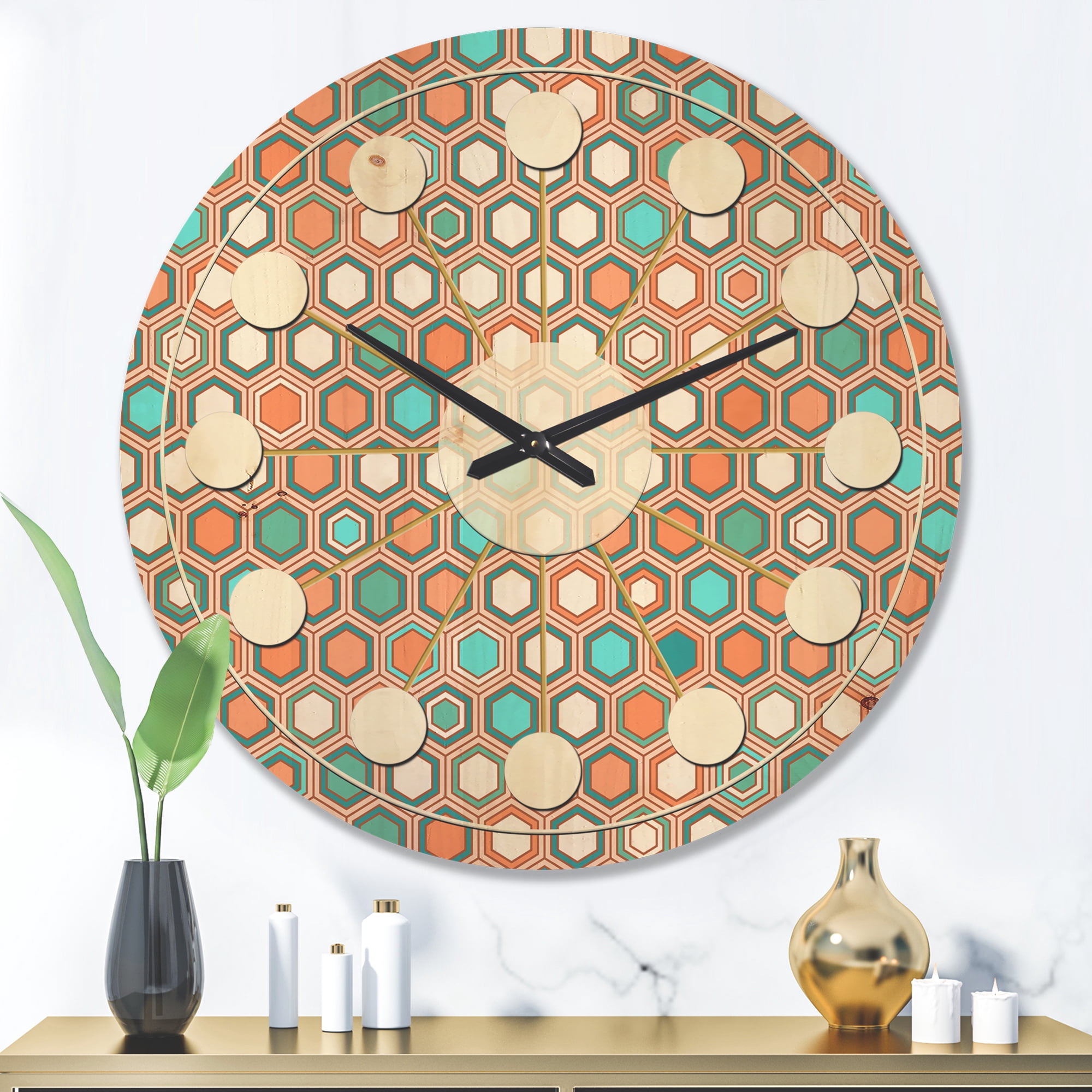 Designart 'Hexagon Retro Pattern III' Mid-Century Modern Wood Wall Clock