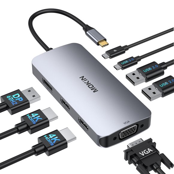 USB C Docking Station Dual HDMI, MOKiN Docking Station 3 Monitors, Displayport, VGA, 100W PD Charging, 2USB A 2.0, USB C 2.0 Ports Multiport Adapter, 8 in 1 US