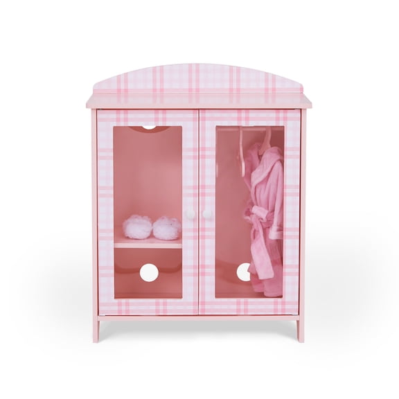 Polly   s Pink Plaid 18   Doll Display Closet with 3 Hangers & Doll Accessories, Pink